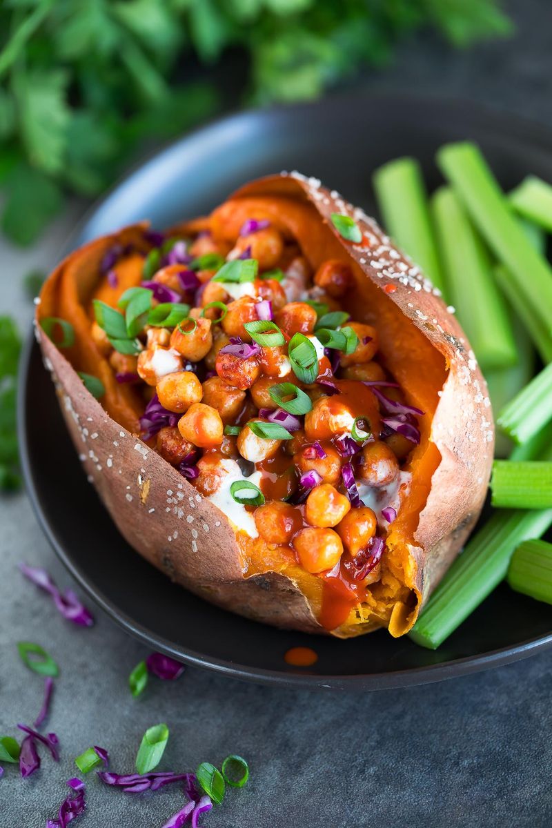 Buffalo Chickpea Stuffed Sweet Potatoes
