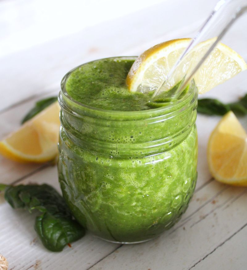 Protein smoothie with spinach, banana, protein, and milk