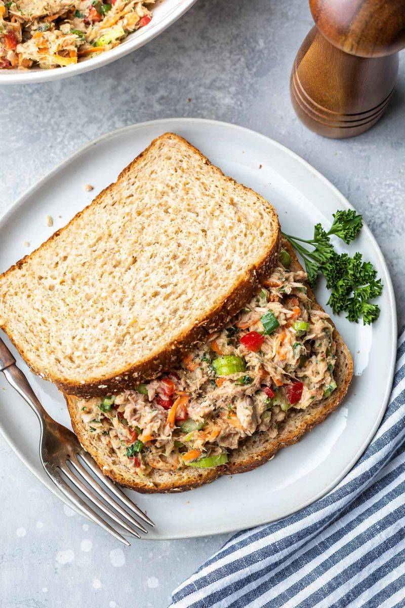 Mayo-Free Tuna Salad on Sprouted Grain Bread