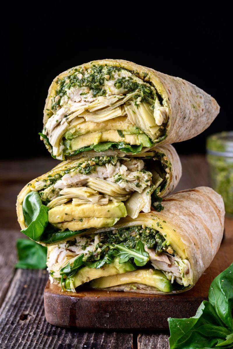 Chicken Spinach Wrap with Pesto and Hummus
