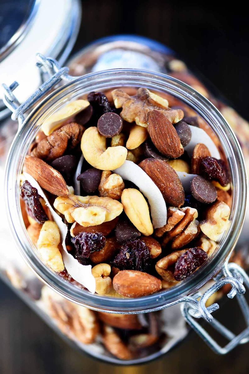DIY trail mix with nuts, seeds, and dark chocolate chips