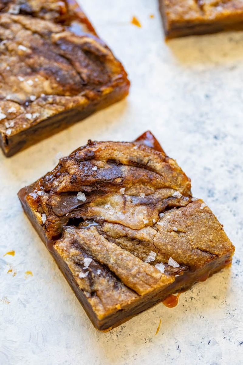 Brown butter blondies with salted caramel swirls