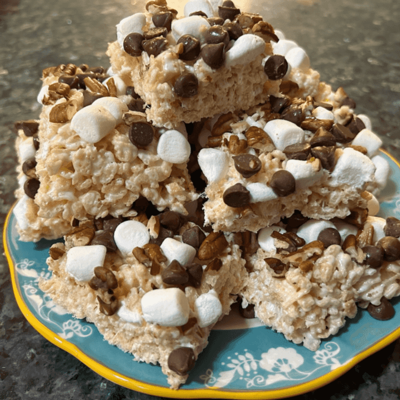 Rocky Road Rice Crispy Treats with Marshmallow Binding