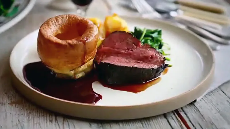 Treacle Cured Beef with Roast Potatoes and Yorkshire Puddings