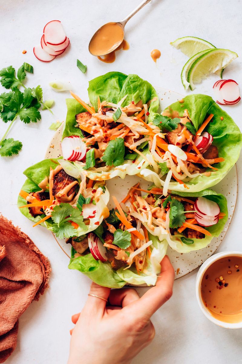 Tofu and Brown Rice Lettuce Wraps with Peanut Sauce