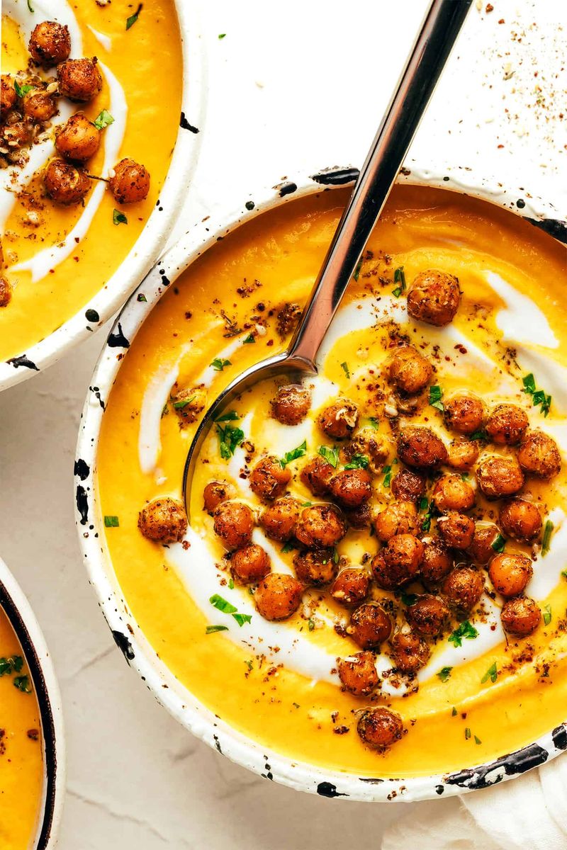 Roasted carrot and ginger soup with crispy chickpeas