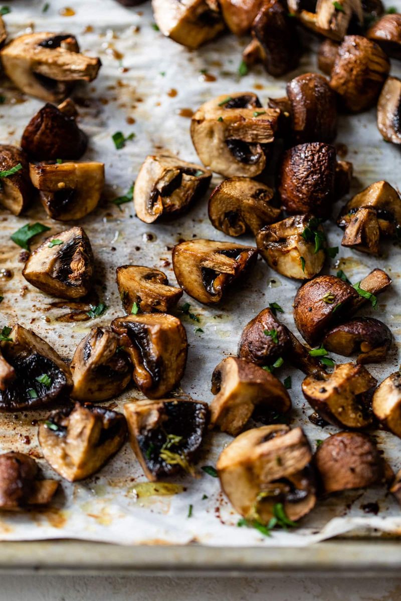 Roast mushrooms hard for steak like bites