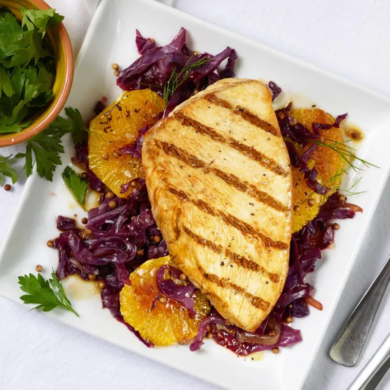 Pan-Fried Turkey Cutlets with Braised Red Cabbage and Roasted Oranges