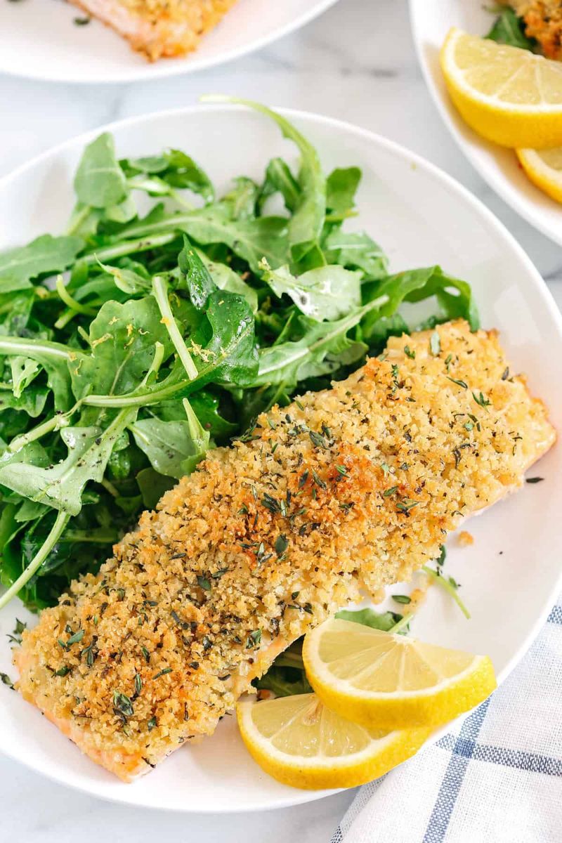 Hummus Crusted Salmon with Lemon Arugula Salad