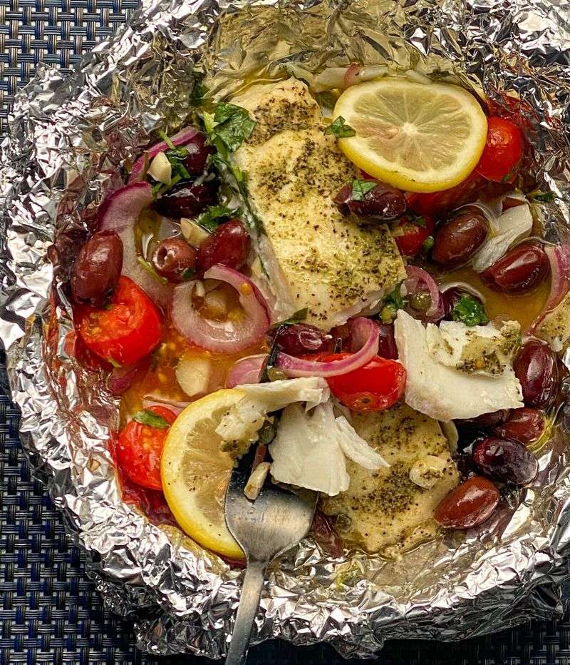 Halibut + tomatoes + olives