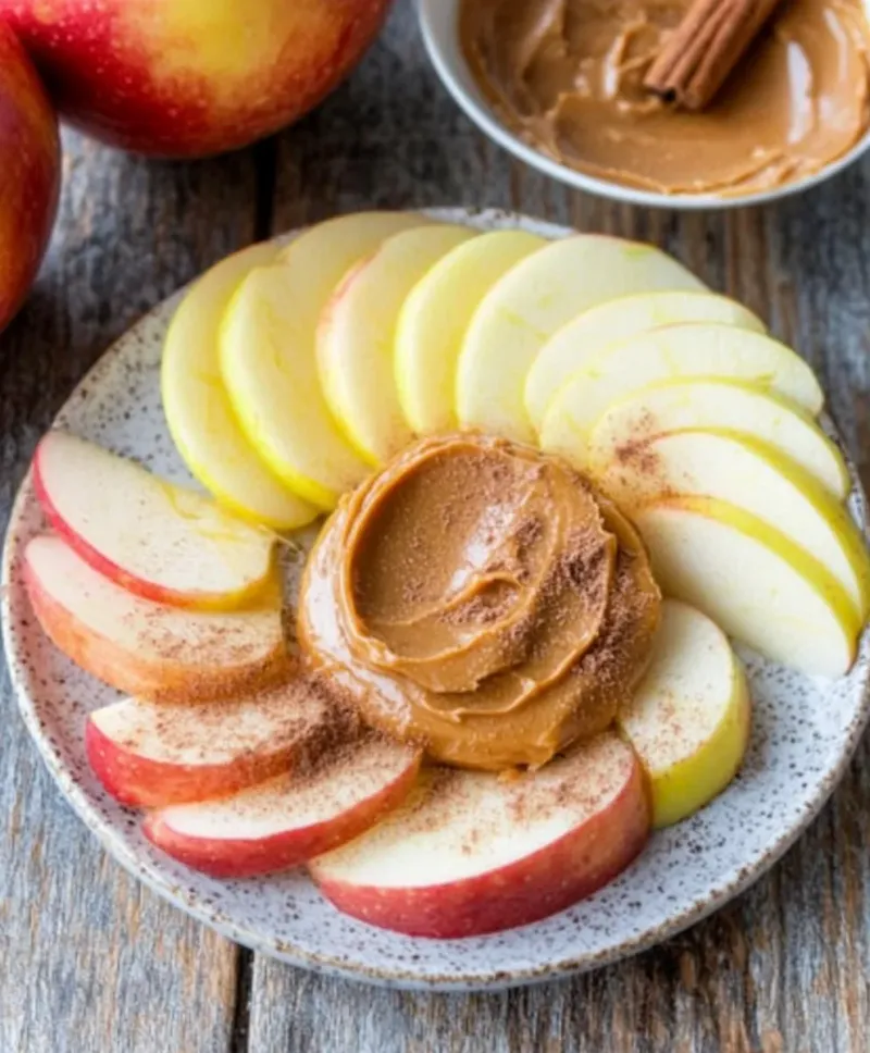 Apple slices with peanut butter and cinnamon