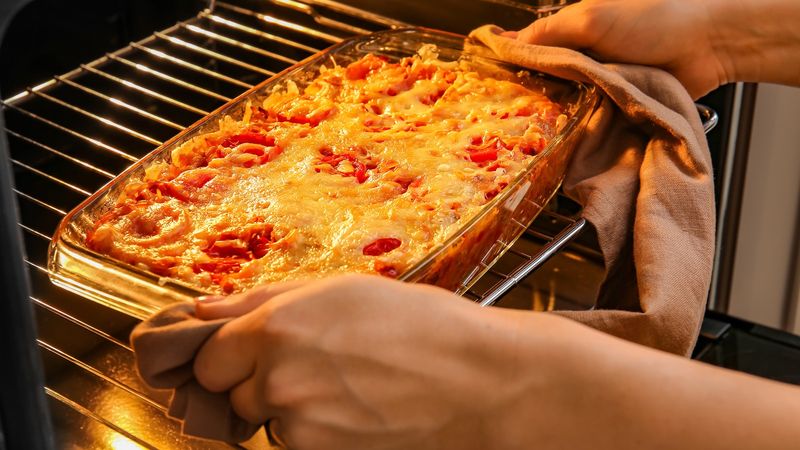 Frozen foods dumped into a hot glass dish