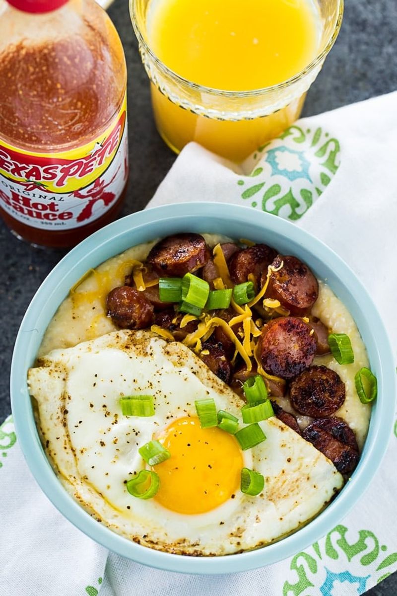 Sausage, eggs, and grits