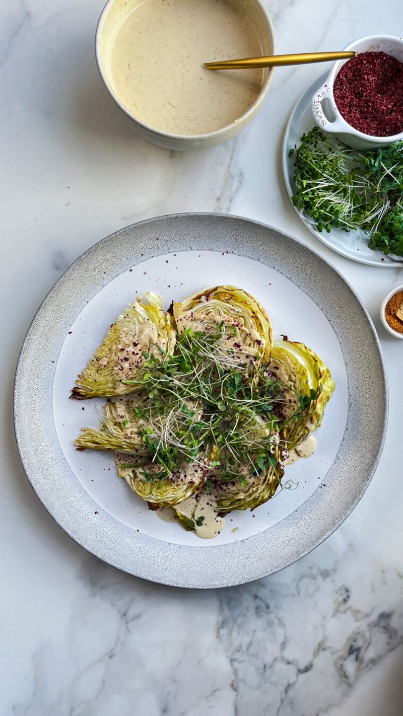 Za'atar Roasted Cabbage Wedges with Lemon Tahini