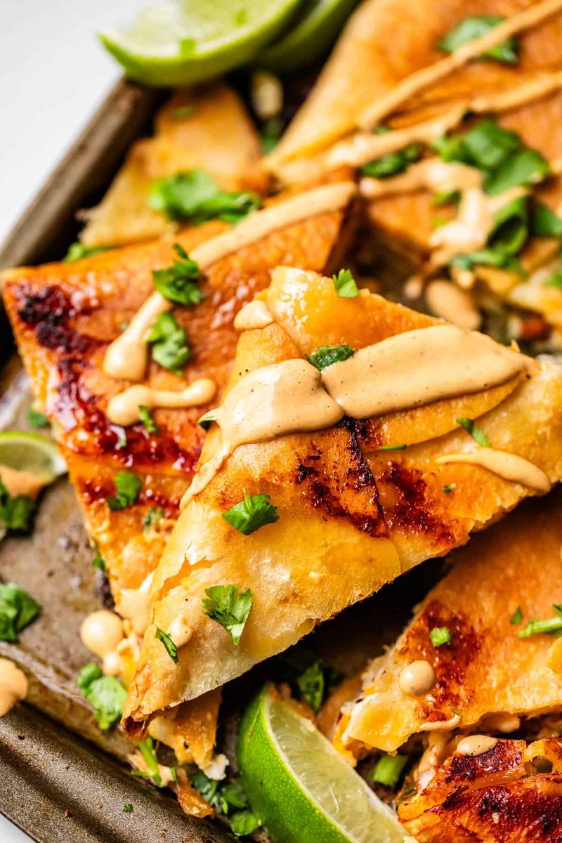 Chicken quesadillas cut into wedges