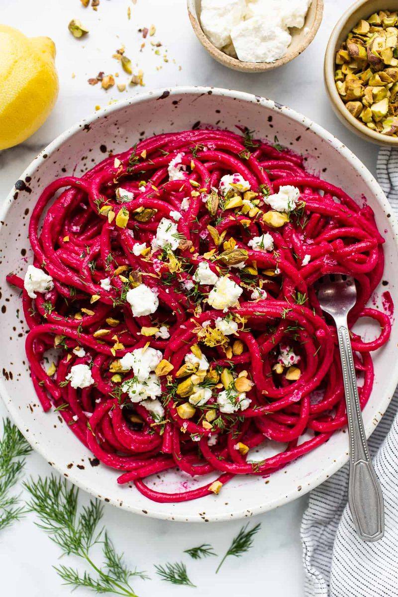 Roasted Beet Pasta With Goat Cheese And Dill
