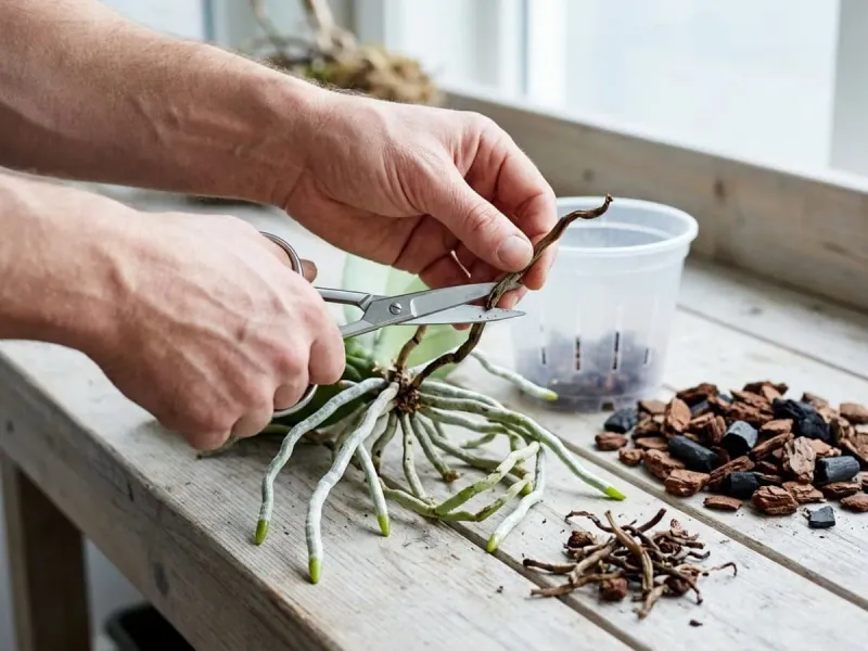 Repot gently and remove only roots that are dead or damaged
