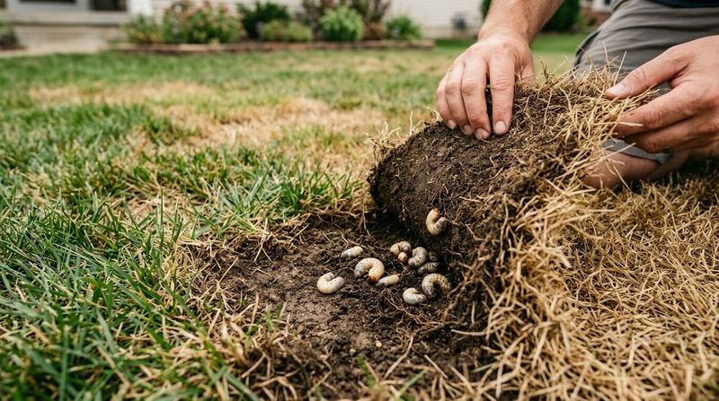 Inspect damaged turf for evidence of grubs