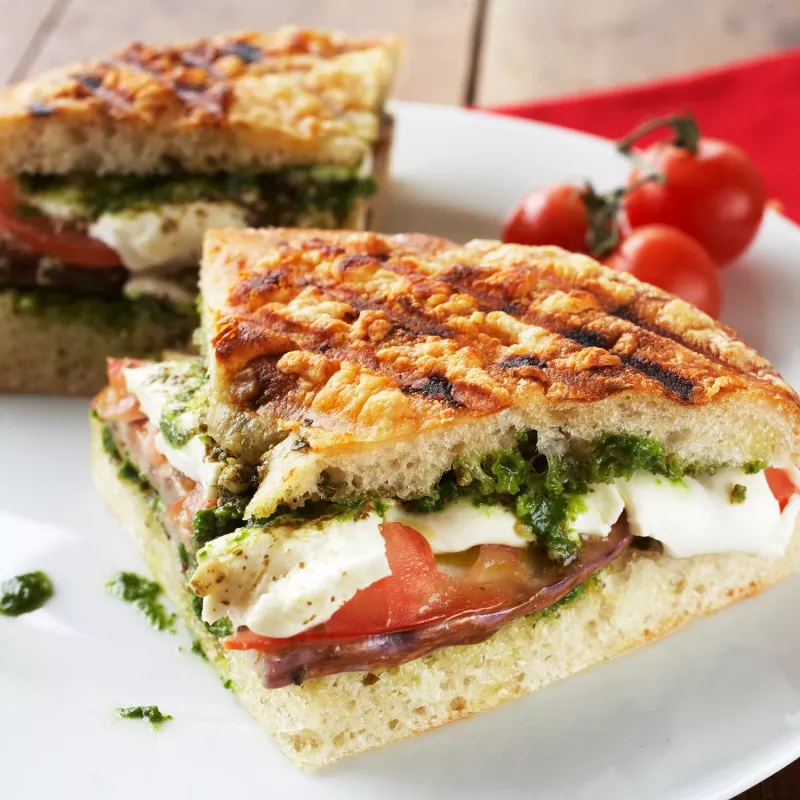 Pesto Mozzarella And Crispy Roasted Tomato Panini