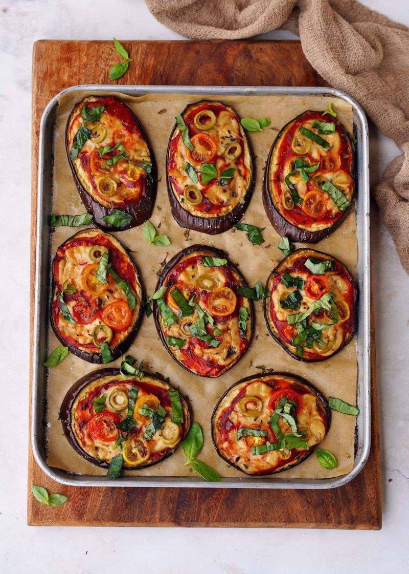 Eggplant Pizza Bites with Spinach and Mushrooms