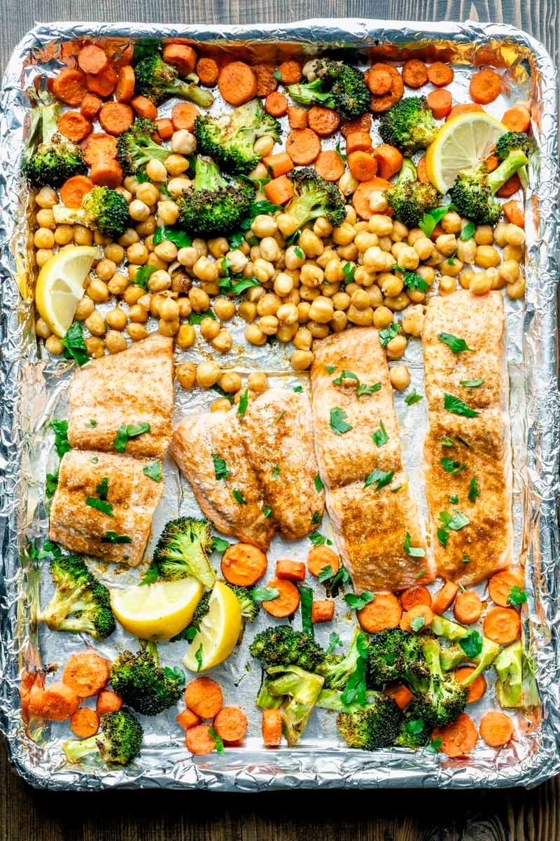 Sheet Pan Salmon with Moroccan Spice, Broccoli and Chickpeas
