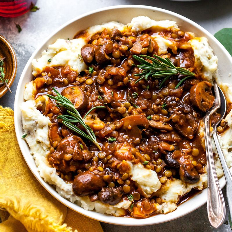 Lentil And Mushroom Gravy Over Mashed Potatoes