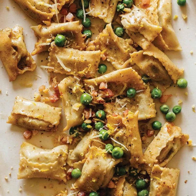 Pea and Shallot Ravioli With Romesco Sauce