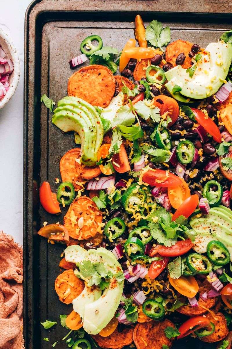 Baked Nachos with Roasted Sweet Potatoes