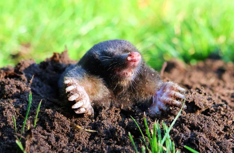 A mole digs for food beneath the grass