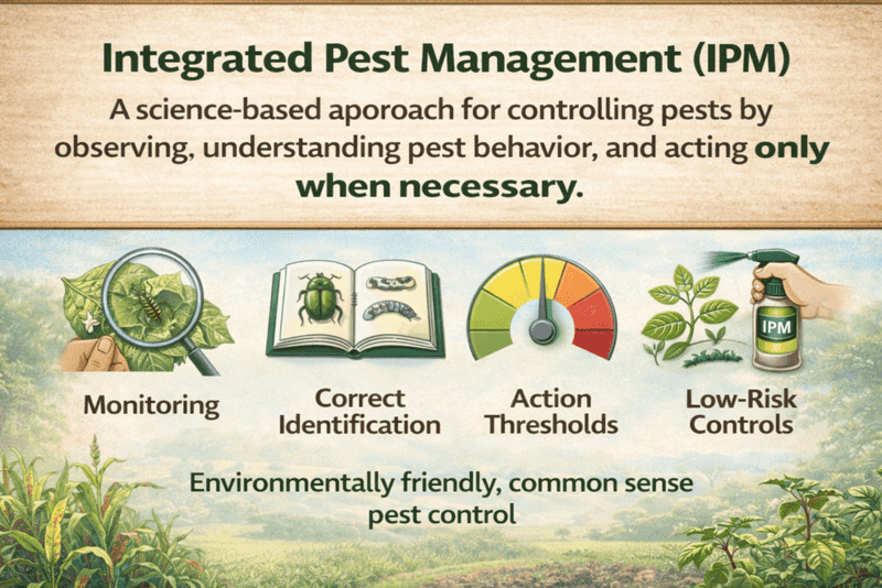 Use integrated pest management when the garden has a real problem