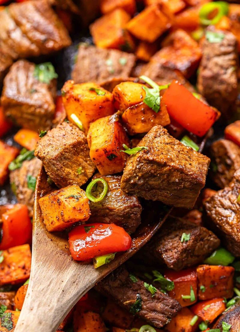 Steak Bites with Sweet Potatoes and Peppers