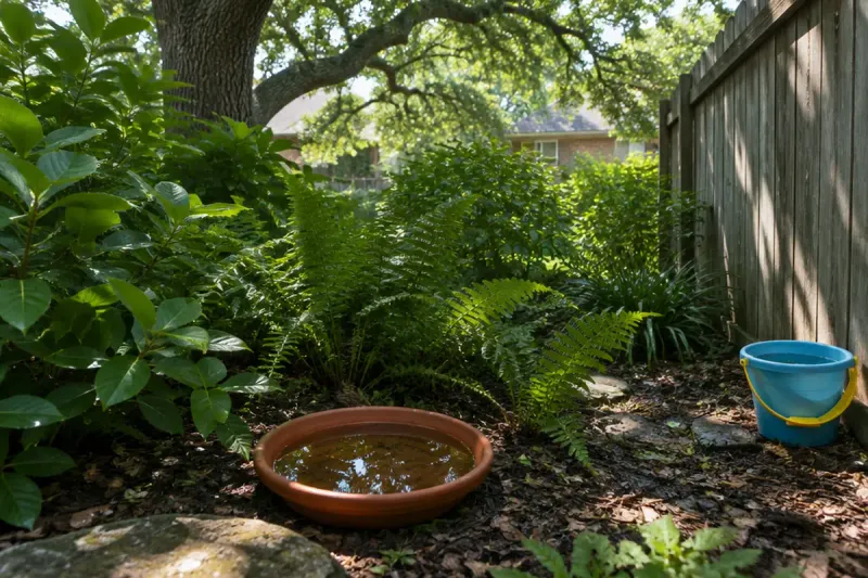 Empty standing water around the patio every week