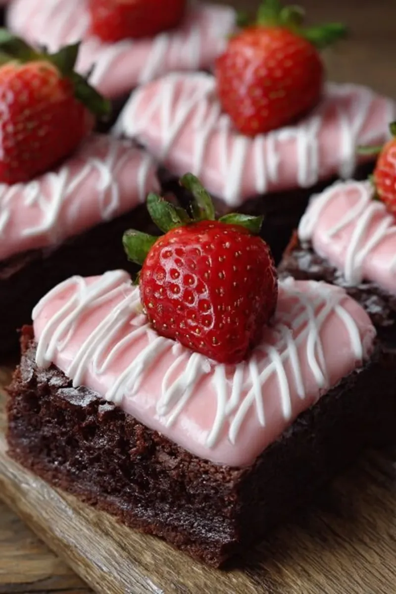 Heart-shaped brownies with strawberry glaze
