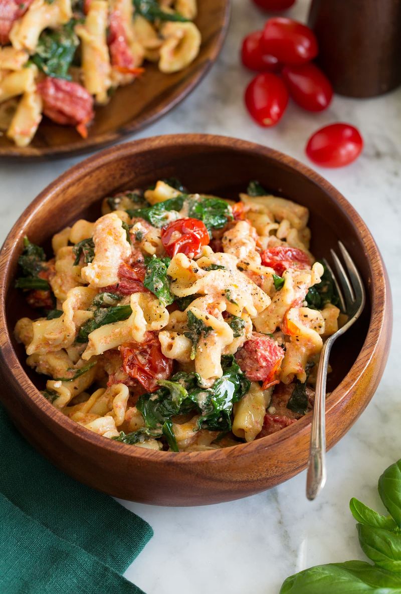 Baked feta pasta with roasted lemon and spinach