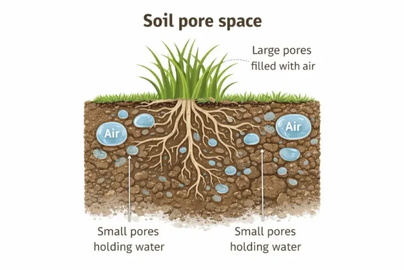 Compaction reduces pore space and disrupts air and water movement