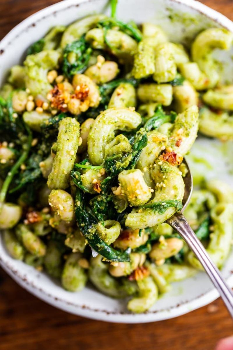 Spinach Pesto Pasta with White Beans