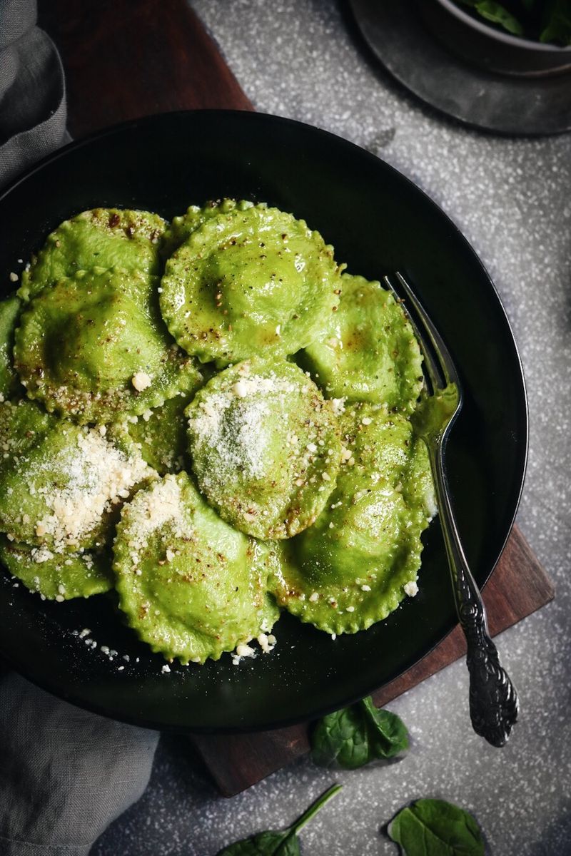 Three-Cheese Ravioli With Spinach Puree Sauce