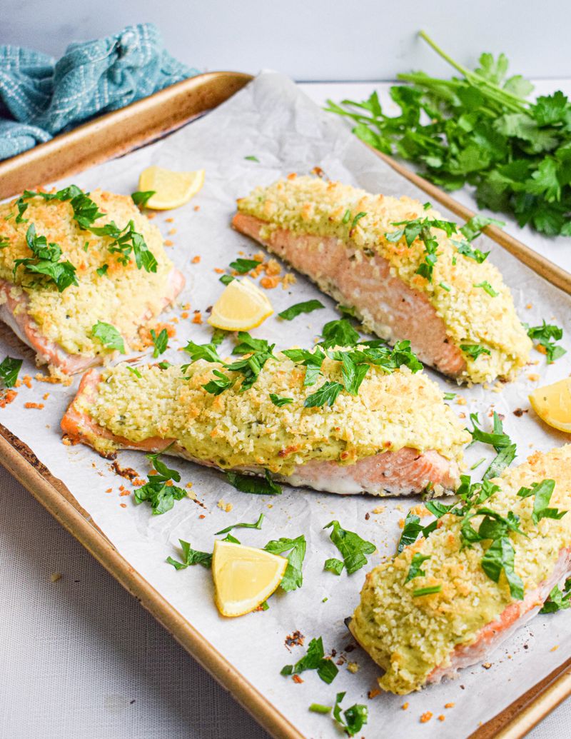 Easy Pesto Salmon with a Crispy Breadcrumb Crust