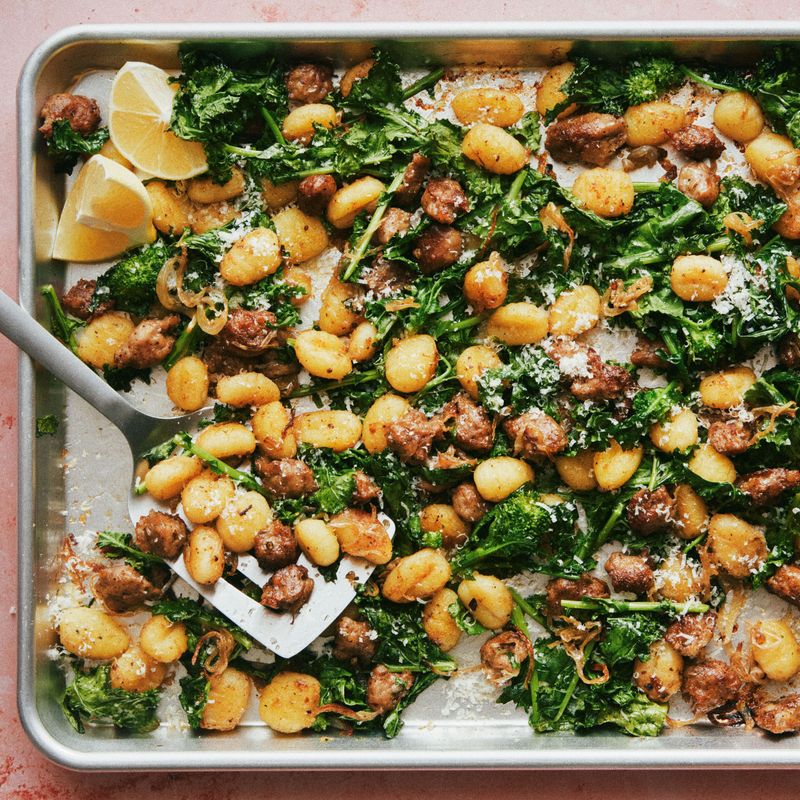 Crispy sheet-pan gnocchi with sausage and lemony greens