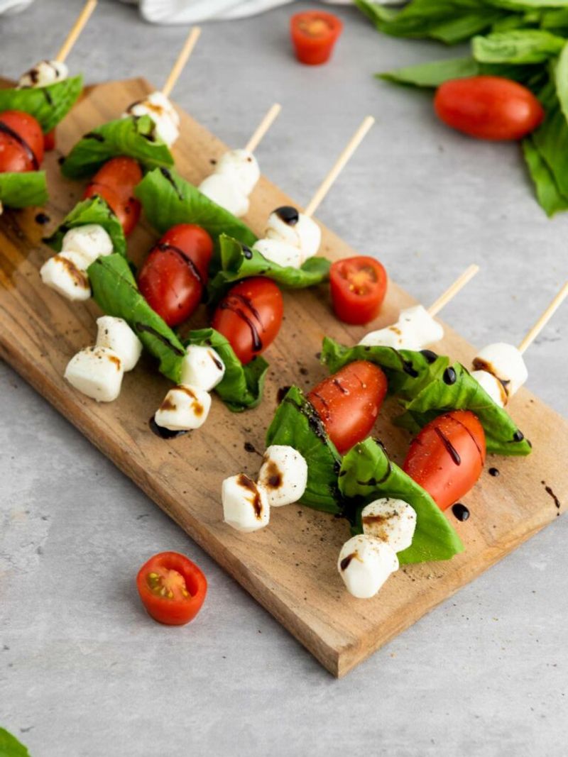 Caprese skewers with tomato, basil, and mozzarella