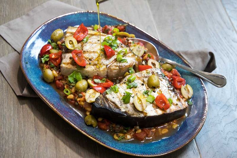 Mediterranean Swordfish with Olives and Capers
