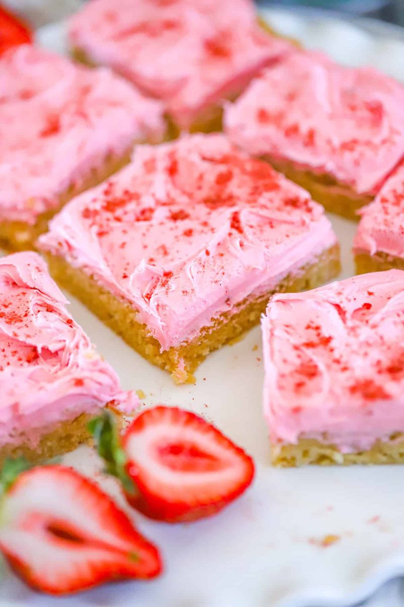 Strawberry Cake Mix Cookie Bars with Cream Cheese Frosting