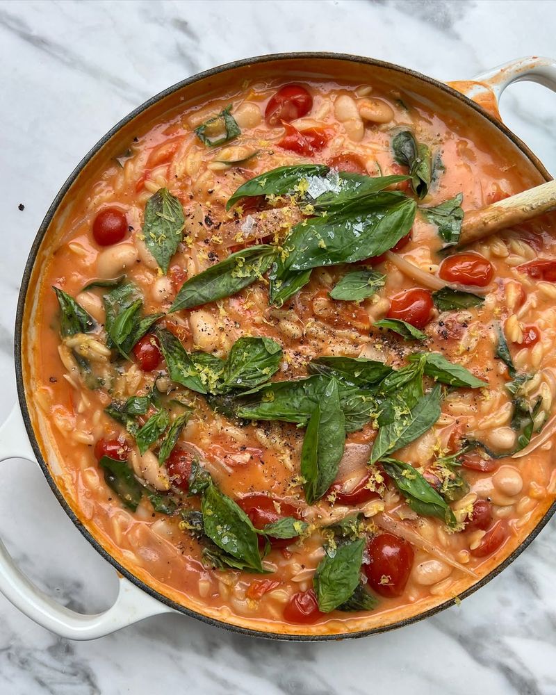 One-Pot Tomato Basil Orzo With White Beans