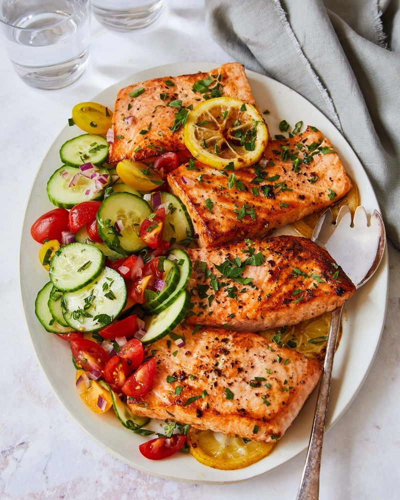 Baked salmon with lemon and a simple side
