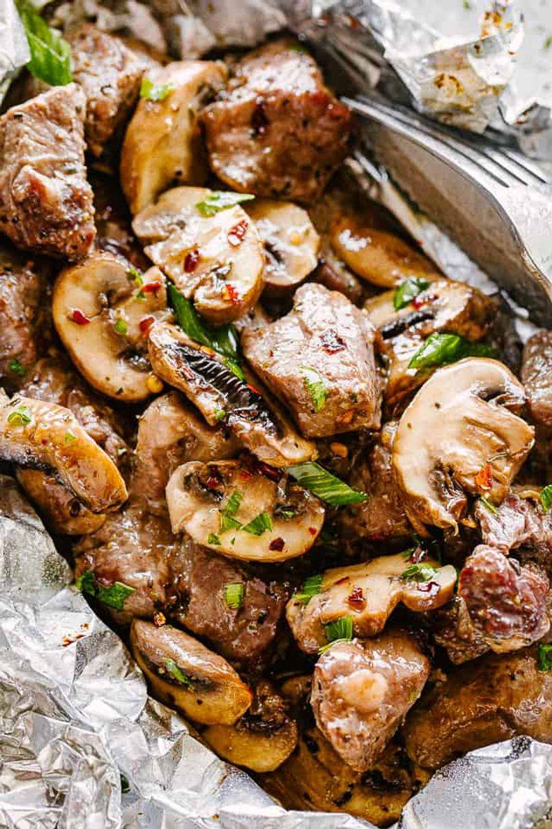 Steak bites + mushrooms + onions