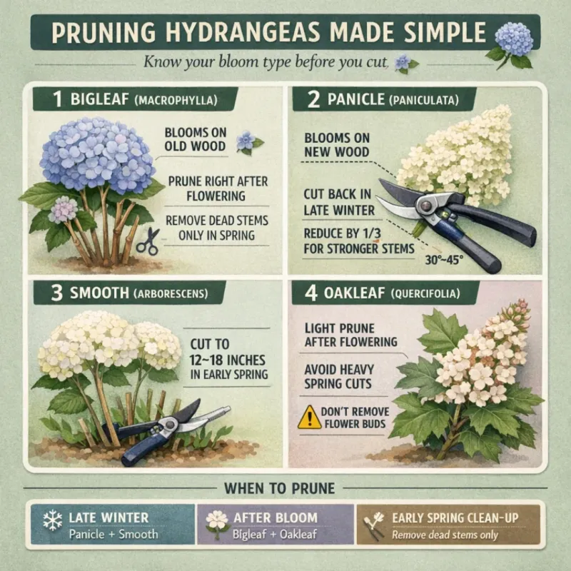 Match pruning timing to the hydrangea’s bloom habit