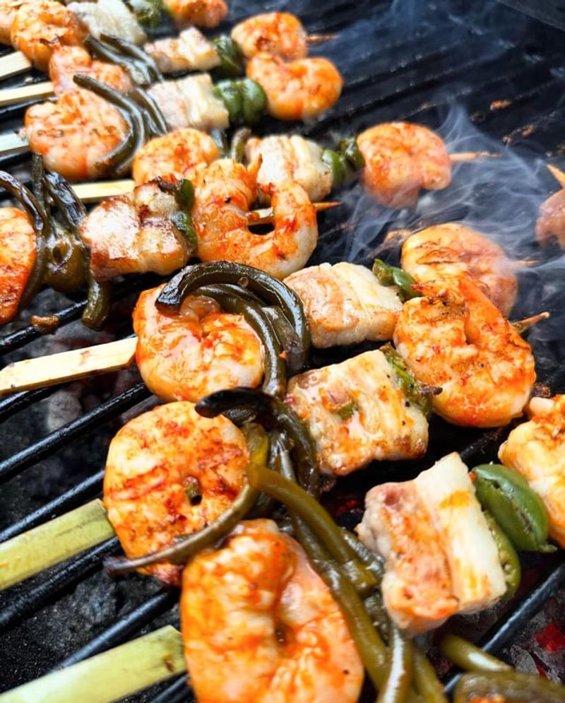 Garlic Scape And Shrimp Skewers