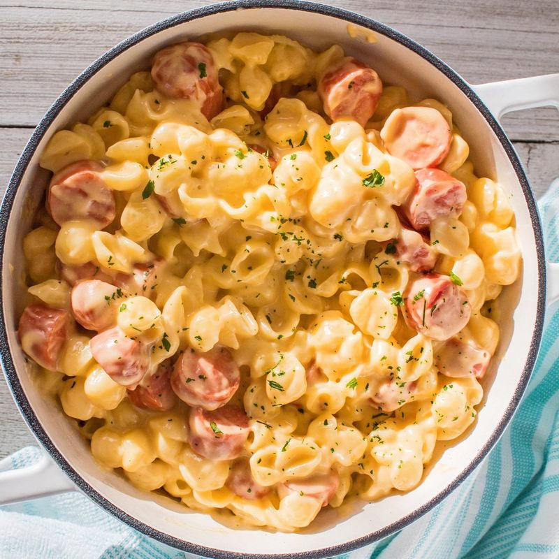 Hot Dogs Cut Up In Mac And Cheese