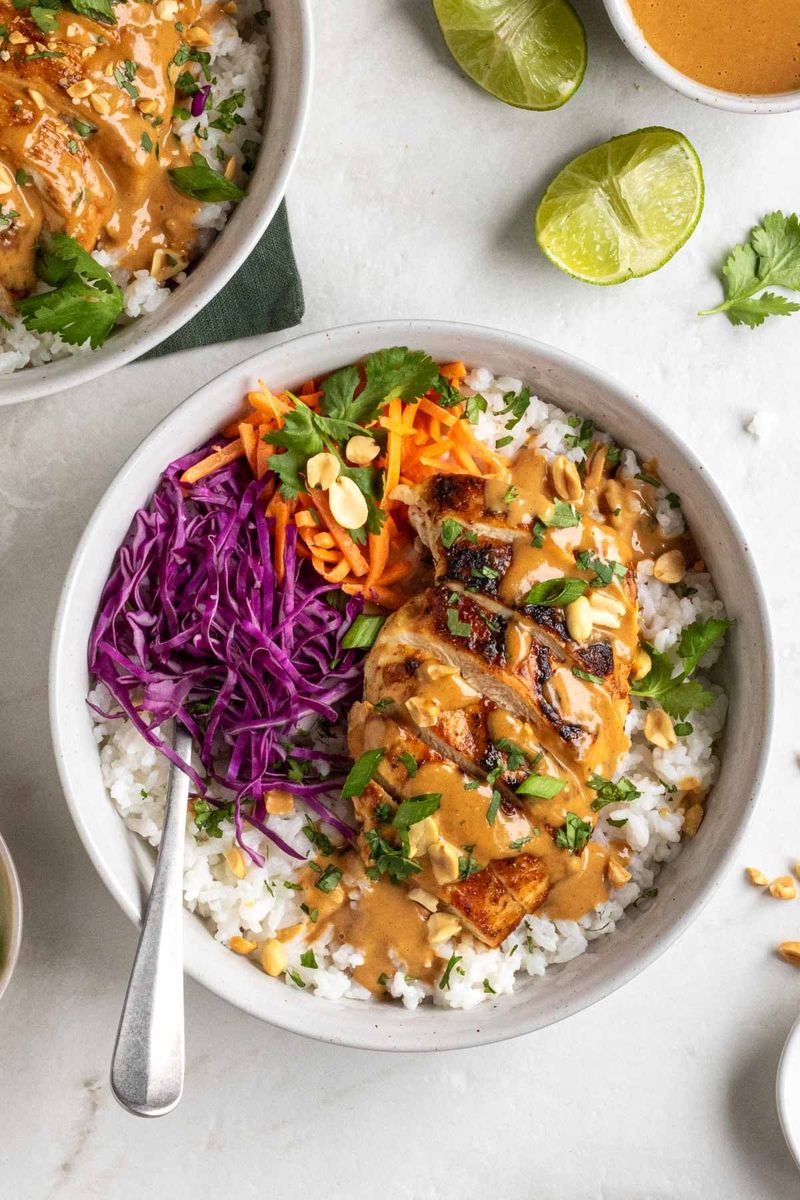 Thai Peanut Chicken and Rice Noodle Bowl