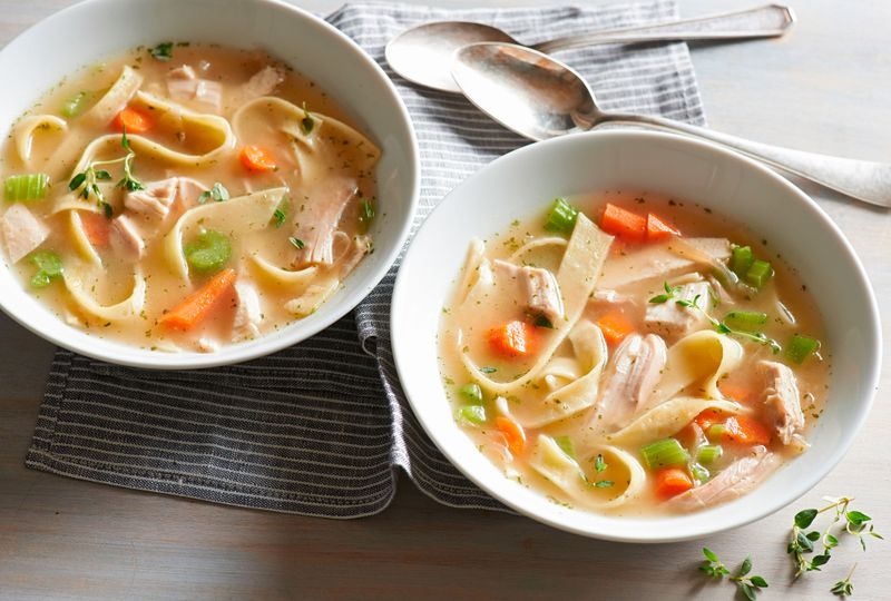 Homemade noodles in chicken soup
